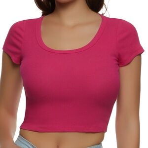 Magenta Ribbed Scoop Neck Cropped Tee